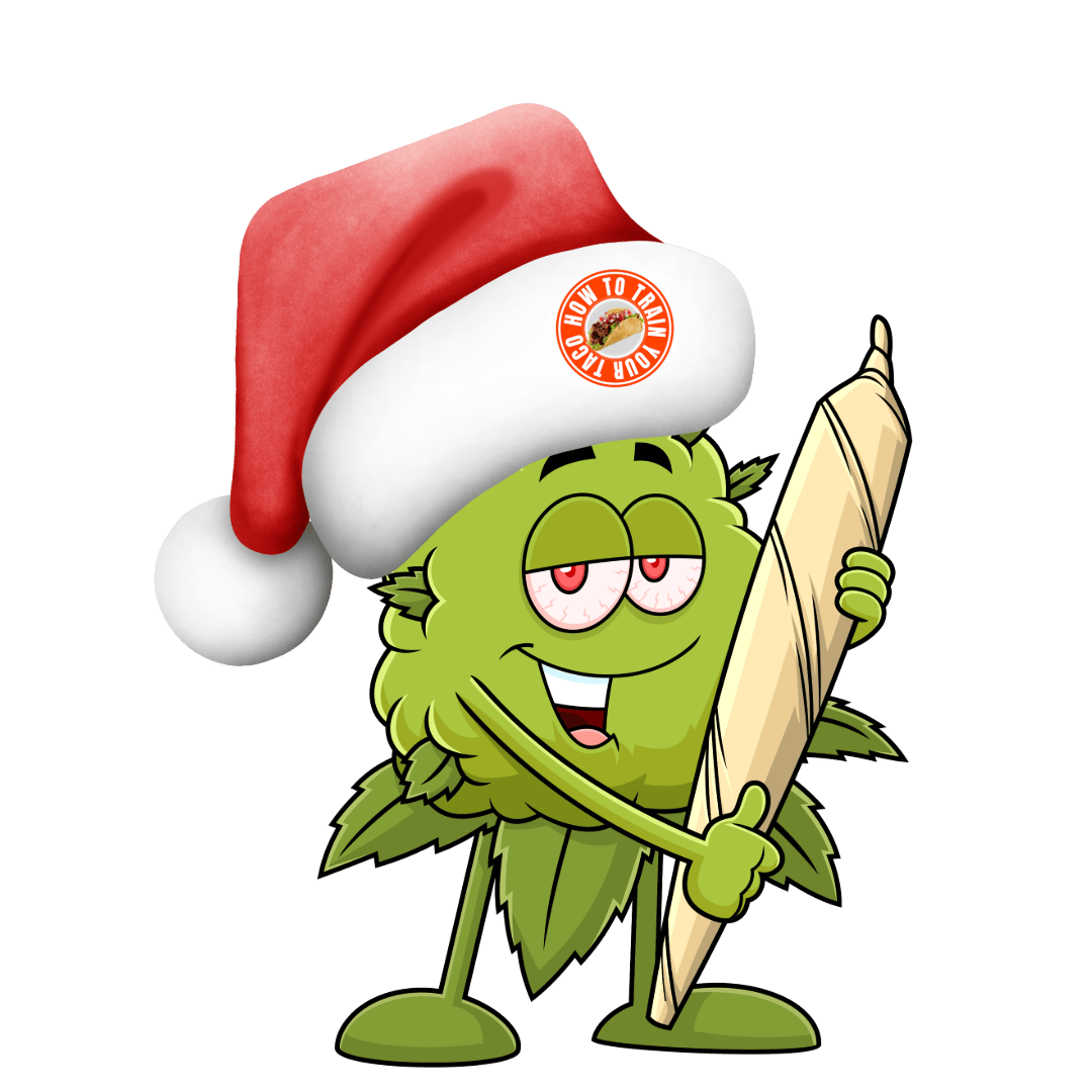 Weed Guy! The How To Train Your Taco mascot wearing a Santa hat with show logo