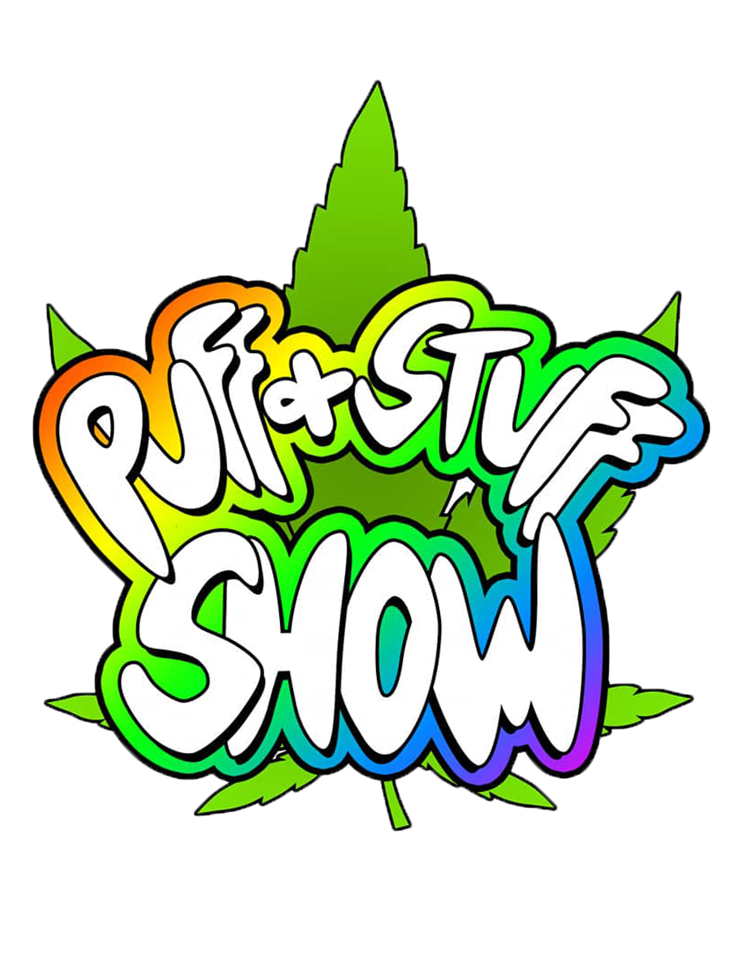 The Puff & Stuff Logo - Shows the words puff, stuff and show atop a cartoon styled pot leaf