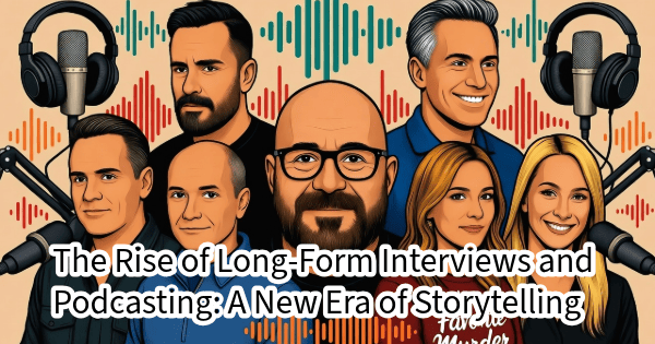 image depicts cartooned similes of well known podcasters and long-form interviewers. Article is called The Rise of Long-Form Interviews and Podcasting: A New Era of Storytelling
