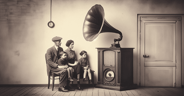 family listening to a vintage radio